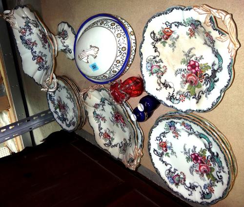 A Crown Derby tureen and cover and a set of ironstone plates and comport by Pratt & Co, two Sevres small vases and a cranberry glass jug.