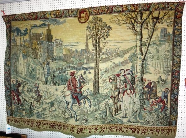A large 20th century wool Belgian wall hanging representing the medieval city of Brussels.