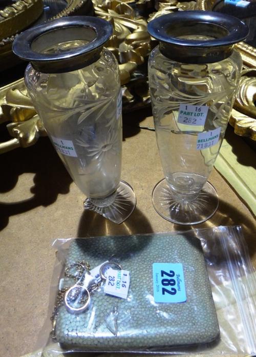 A pair of silver rimmed glass vases etched with flowers (a.f), Chester 1910, a shagreen and plated metal rectangular cigarette case, a three row oval