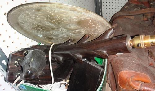 A quantity of collectables, including carved hardwood elephants, a brass tray and sundry.