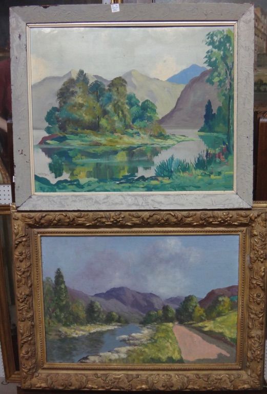 ** Menzies (20th century), River scene; Mountain scene, two, oil on board, signed.(2)