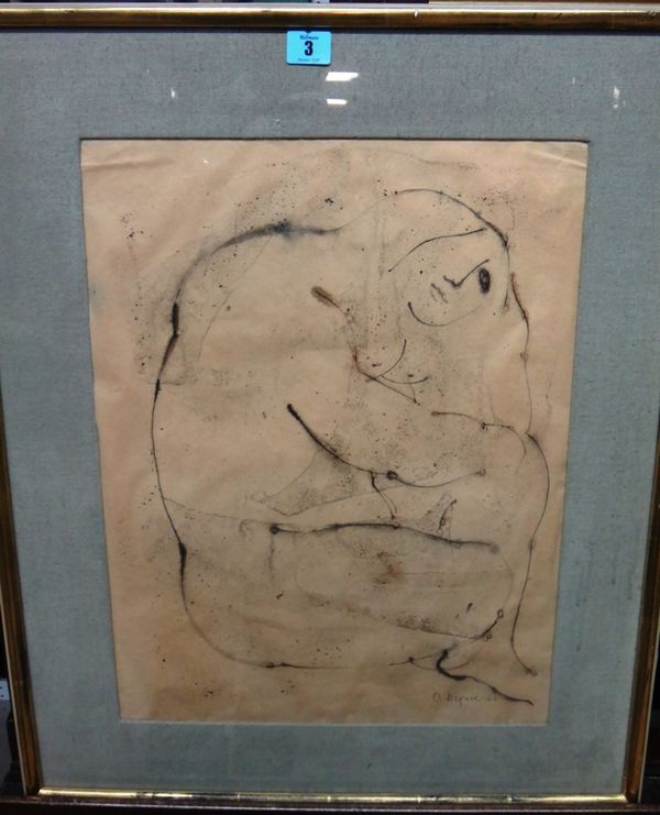 O. Beguel (20th century), Crouching nude, mixed media, signed.