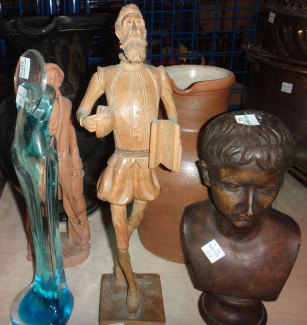 A group of collectables, including pottery jugs, a carved figure of a man, small pottery busts, glass dishes, an Oriental tray and sundry.