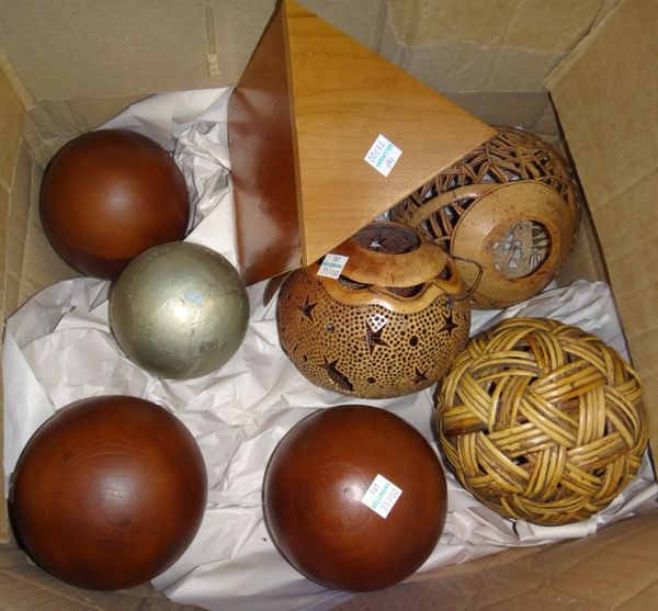 A group of 20th century decorative spherical balls; wooden, metal and others.