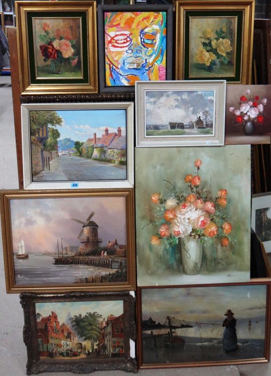 A group of assorted 20th century oils, mainly landscape and still life subjects.(qty)