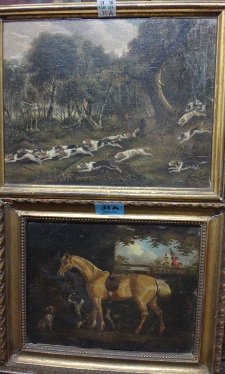English School (19th century), Horse and dogs, oil on panel; together with a further oil of hounds in chase.(2)