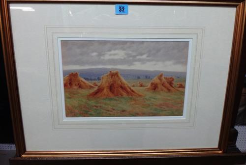 John Barlow Wood (1862-19490, Harvest field, watercolour, signed.