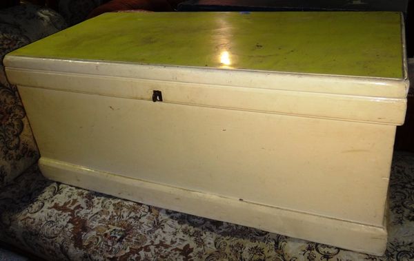 A 20th century cream panted lift top storage box, together with a 19th century black lacquer papier mache tray.