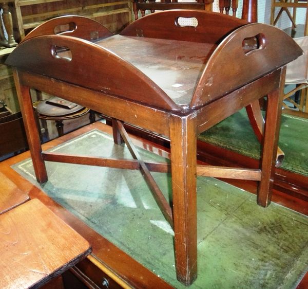 A 20th century mahogany butler's tray and stand, together with an inlaid occasional table, (2).