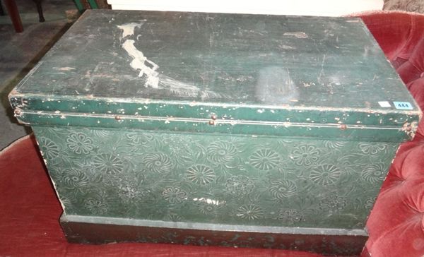 A 19th century green painted pine trunk.
