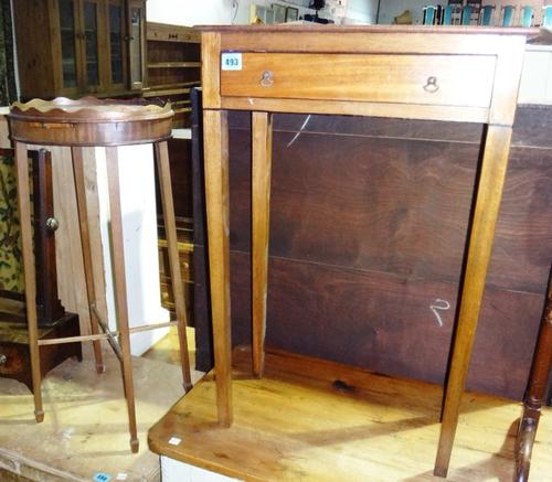 A 19th century mahogany oval urn stand with candle slide, together with a 19th century mahogany and ebony strung small side table.