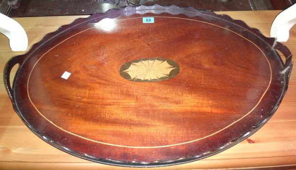 A 20th century oval galleried mahogany and inlaid tray.