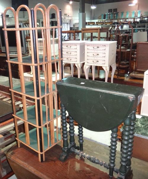 An ebonised Sutherland table, a bamboo stand and a turned walnut rectangular mirror.