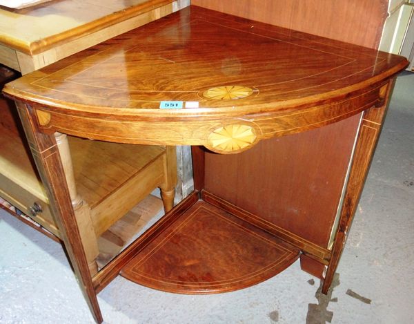 A 19th century rosewood inlaid corner table on tapering supports.