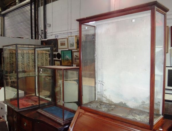 A group of five Victorian and later shop display cabinets and a two door glazed bookcase.