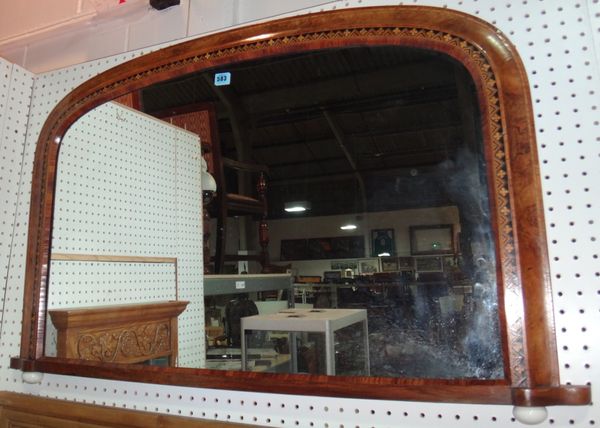 A 19th century walnut and Tunbridge Ware inlaid overmantel mirror.