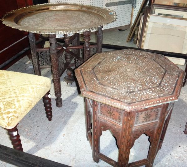 A 19th century brass tray top and hardwood folding table, and another folding table (2).