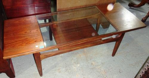 A Scandinavian hardwood and glass inset coffee table, a Danish rush seated side chair and a modern small side table.