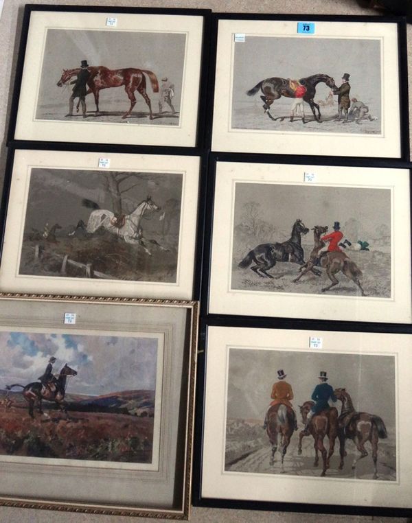 After John Frederick Herring senior, Equestrian scenes, a set of five colour lithographs, together with a reproduction after Lionel Edwards.