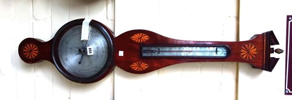 A mahogany and inlaid wheel barometer by 'B. Peurely Fecit, York', with broken arch pediment over an inset thermometer and silvered 7.5 inch dial, 98c