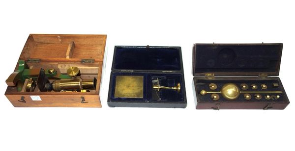 A Yarn Assorting Balance by 'John Nesbitt, Manchester', cased, together with a student's microscope in a fitted case and a Sikes's hydrometer also in