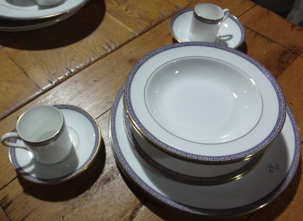 A Wedgwood 'Palata' coffee service and dinner wares, three items of glass and a Doulton cake plate.