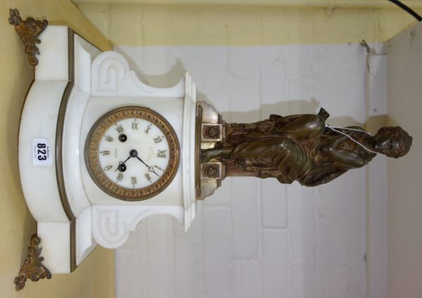 A Napoleon III bronze and white marble striking mantel clock by 'H.Houdebine, Paris', surmounted with a figure after a model by Etienne Henry Dumaige,