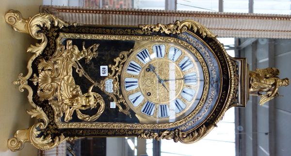 A French tortoiseshell boulle work mantel clock, 18th century, with mythological figural surmount over a shaped case, with foliate cast dial inset wit