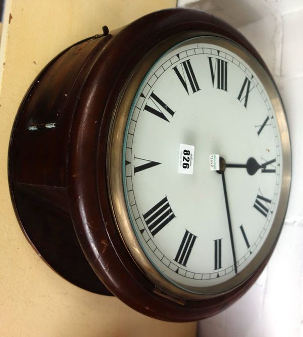 A mahogany cased double dialled wall clock, early 20th century, with eleven inch painted tin dials and single train fusee movement (key and pendulum).