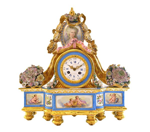 A French porcelain mantel clock, early 19th century, with a porcelain portrait plaque surmount over a drum case and white enamel dial detailed 'Hry Ma