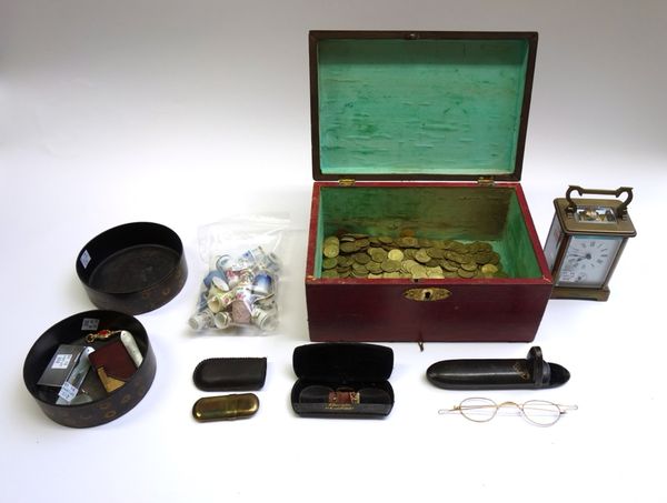 A quantity of collectables, including; a brass cased carriage clock, a Dunhill silver lighter, a Dupont gold plated lighter, two cased spectacles, a R