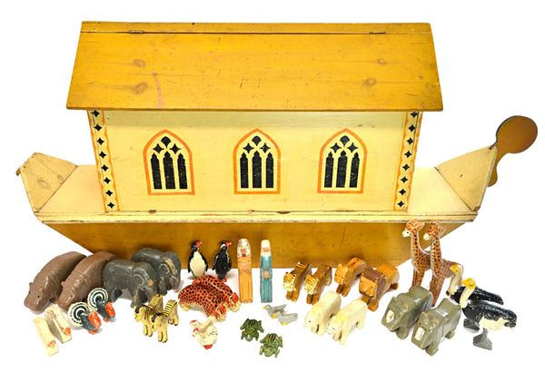 A polychrome decorated wooden toy model of Noah's Ark, circa 1920's, made by war relief toy work, including giraffes, elephants, sheep, cows and Noah
