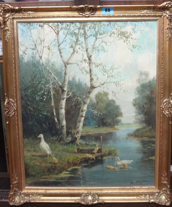 H. v. Wagens, River scene with ducks and ducklings, oil on canvas, signed.
