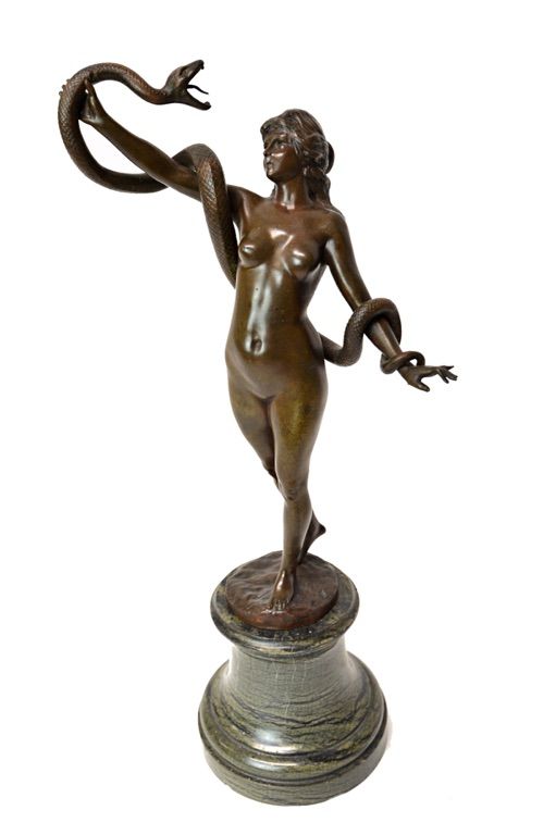 A. P. Ludwig Kowal Czewski (1865-1910), 'Snake Charmer', a patinated bronze figure circa 1910, modelled as a female nude with a serpent entwined aroun