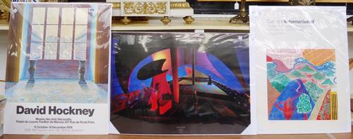 Four David Hockney posters; 'Musee des Arts Decoratifs, 1974' (65cm x 51cm), 'Carnegie International, Seattle Art Museum 1983' (61.5cm x 46cm), '25 ye