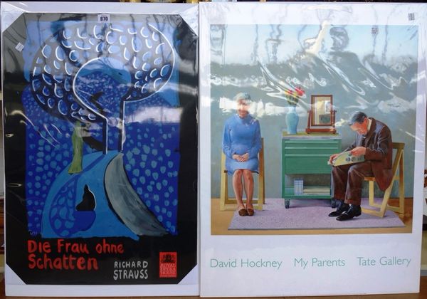 Four David Hockney posters; 'De Frau Ohne Schatten, Richard Strauss' (70cm x 50cm), 'Wider perspectives are needed now, Arles 1985' (76cm x 57cm), 'Th