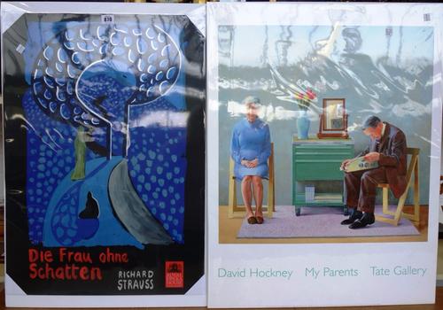 Four David Hockney posters; 'De Frau Ohne Schatten, Richard Strauss' (70cm x 50cm), 'Wider perspectives are needed now, Arles 1985' (76cm x 57cm), 'Th