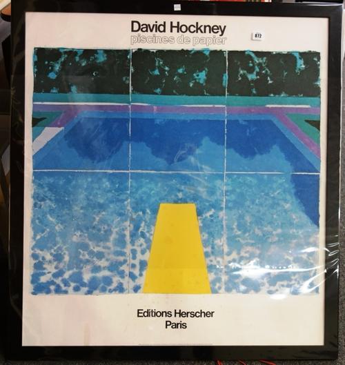 Three framed David Hockney posters; 'Piscines de Papier, Editions Herscher Paris 1978' (93cm x 85cm), 'The Metropolitan Museum of Art, Mount Fuji and