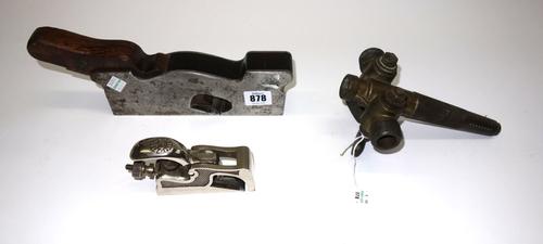 A steel soled gun metal Norris shoulder plane with ebony infill and rosewood wedge, 28cm overall, together with a Preston bullnose plane and an early