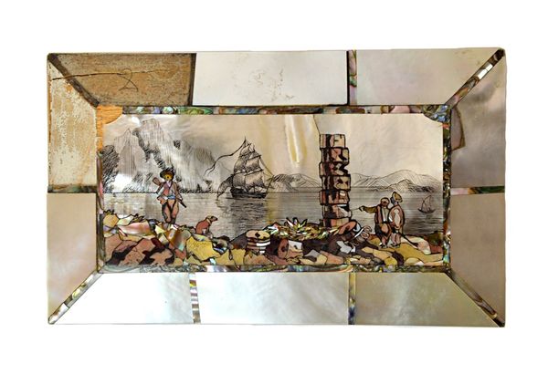 A mother of pearl and abelone shell inlaid etui case, early 20th century, the panelled lid detailed with figures against a seascape, with a fitted blu