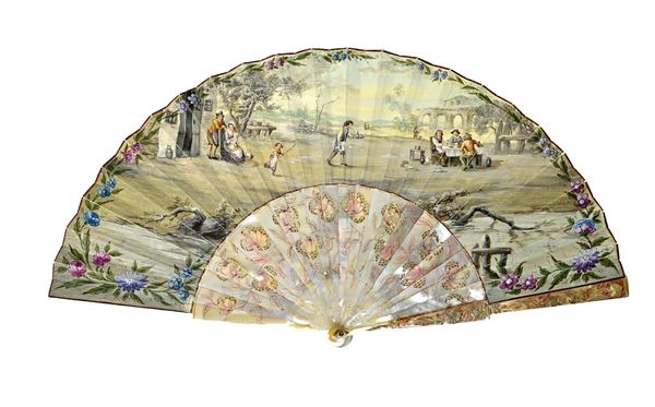 A Continental painted paper fan, late 19th century, detailed with a mid 19th century country village scene, with pierced and painted foliate mother of