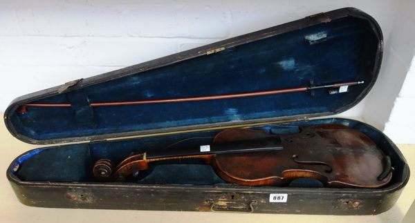 A violin, circa 1900, lacking interior label, measuring 14.25 inches minus the button, together with a hardwood bow indistinctly stamped 'Wilhelmschul