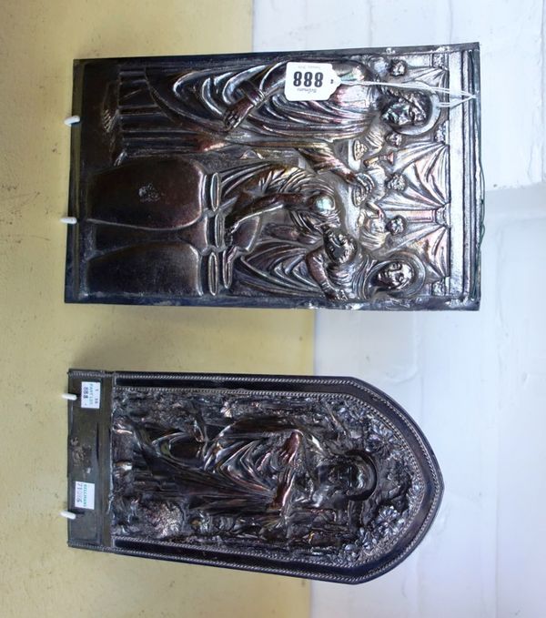A silvered bronze plaque of arched rectangular form, early 20th century, relief cast with Christ and sheep, 28cm high, and another silvered metal rect
