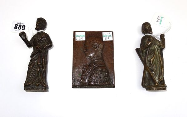 Two bronze figures, 18th century, each modelled and cast as a robed bearded man, on titled plinths; 'Heartholomeus' and 'Handrea', and a bronze plaque
