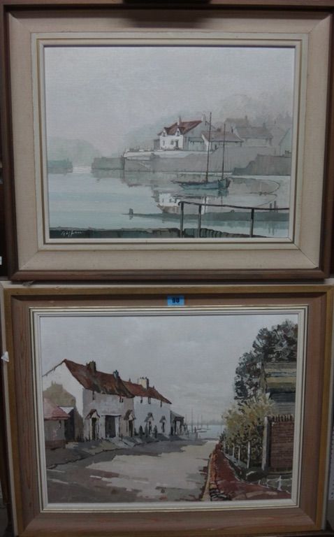 ** Giffin (20th century), Harbour scene; Village by the sea, two, oil on canvasboard, both signed, together with a further watercolour by the same han