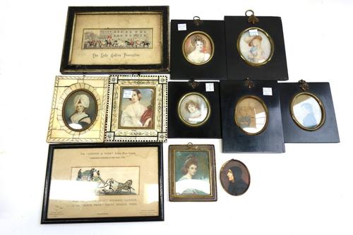 A late 19th century portrait miniature on ivory, depicting a bust length portrait of a lady, together with seven other portrait miniatures and two ste