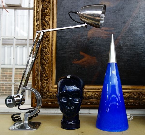 A modern chrome adjustable table lamp, another blue glass and white metal mounted table lamp of conical form, 53cm high, and one other blue glass tabl