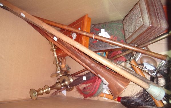 A quantity of collectables, comprising; three walking sticks, a spear (a.f), a mahjong set, brass candlesticks and sundry.