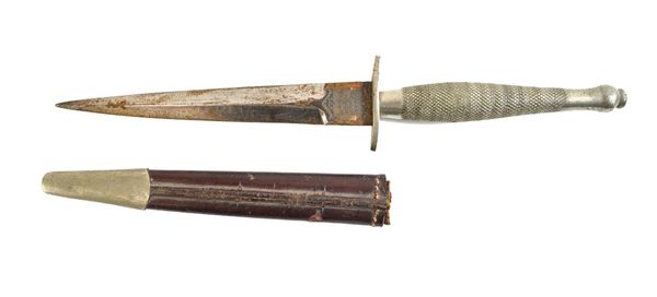 A Fairburn Sykes fighting knife, circa 1940, with a double edged steel blade, 16.7cm, with Wilkinson sword engraved logo, knurled steel handle and par