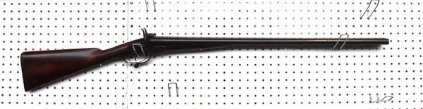 A 12 bore English double barrel pinfire shotgun by George Gibbs, 19th century, with plain steel barrels, under lever ejector and foliate engraved lock
